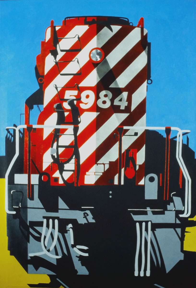 A hard-edge painting of a locomotive from the front.